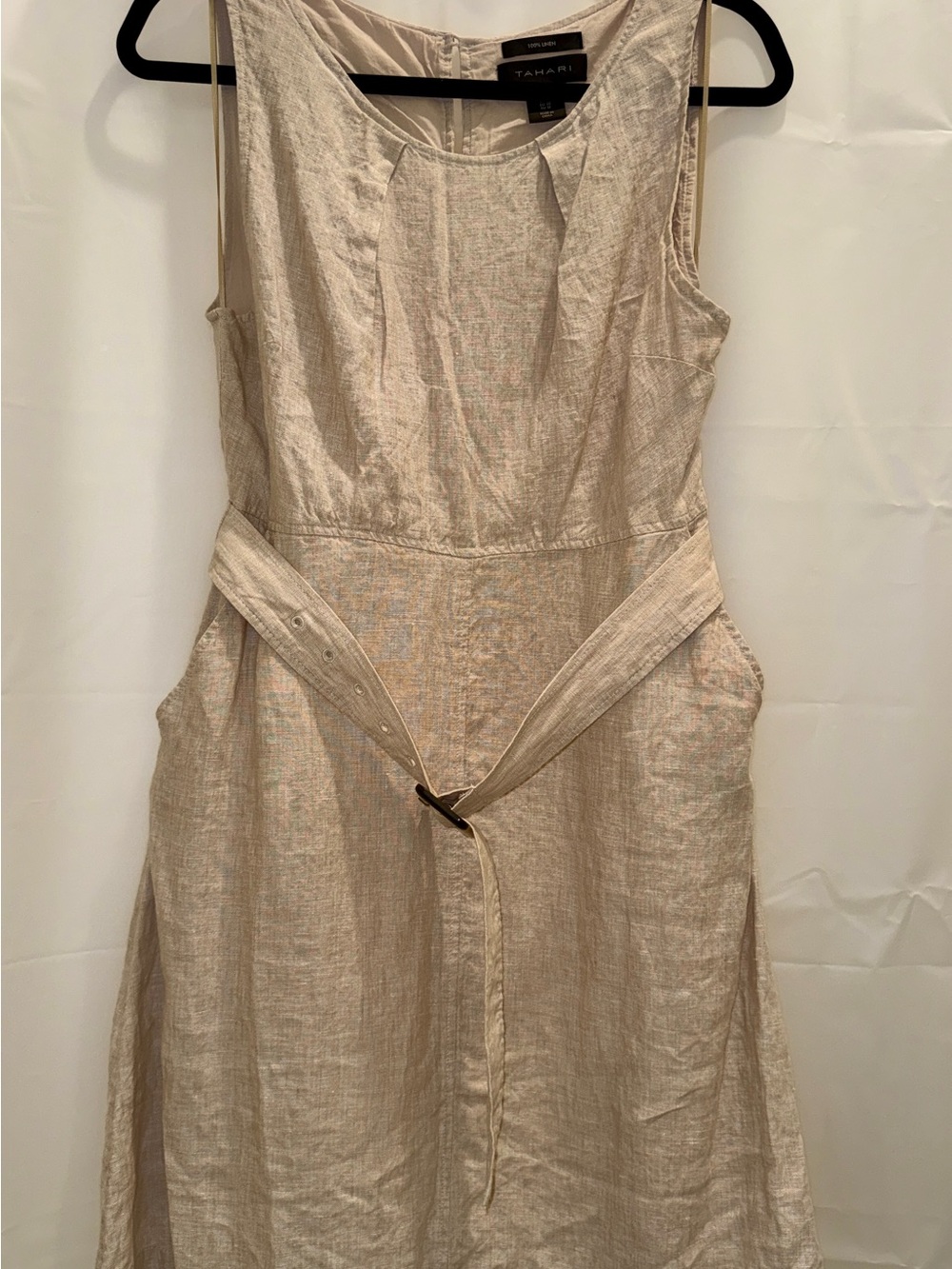 Tahari Cream Sleeveless Linen-Blend Belted Dress